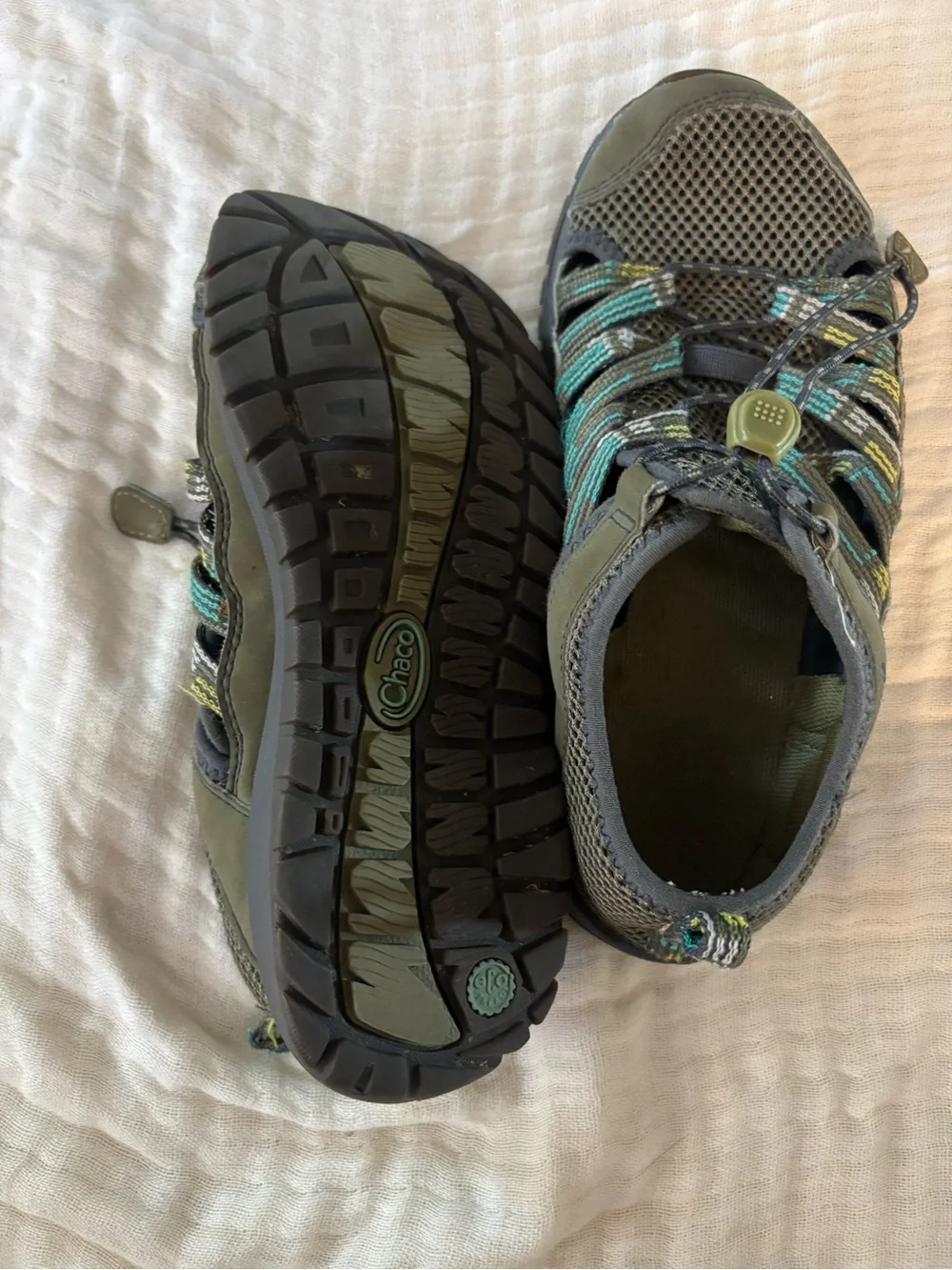 Chaco Kids' Outcross 2 sneakers, featuring a green and teal mesh size 3